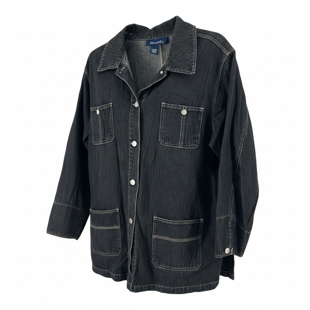 Denim & Co Womens Black Denim Chore Jacket Contrast Stitch Button Front Large